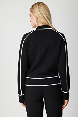 On Kadın Şerit Detaylı Çıtçıt Kapamalı Hırka 69908 Siyah