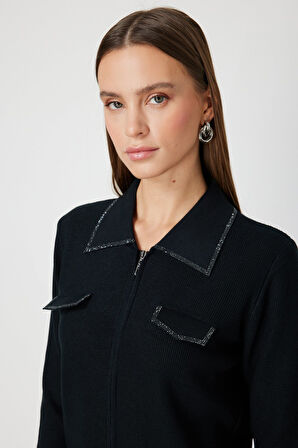 On Kadın Taş İşlemeli Triko Hırka 65926 Siyah