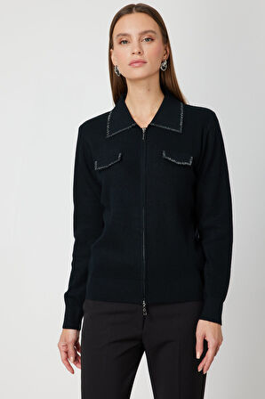 On Kadın Taş İşlemeli Triko Hırka 65926 Siyah