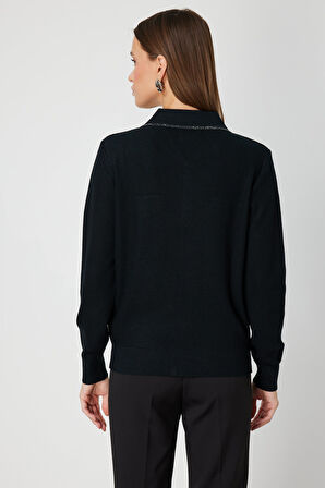 On Kadın Taş İşlemeli Triko Hırka 65926 Siyah