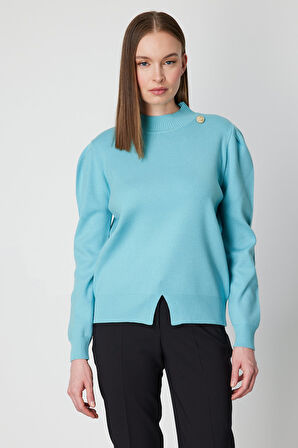 On Kadın Dik Yaka Düğme Detaylı Kazak 65331 Turkuaz