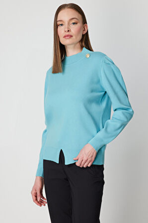 On Kadın Dik Yaka Düğme Detaylı Kazak 65331 Turkuaz