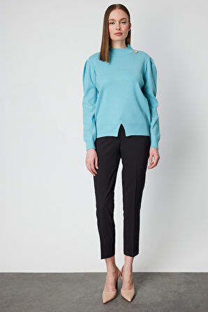 On Kadın Dik Yaka Düğme Detaylı Kazak 65331 Turkuaz