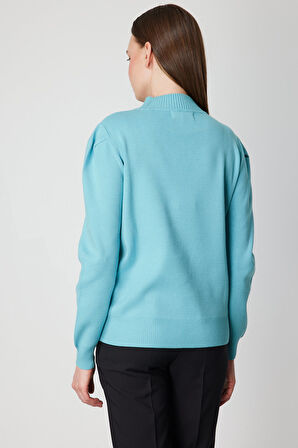 On Kadın Dik Yaka Düğme Detaylı Kazak 65331 Turkuaz