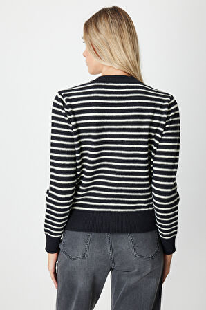 On Kadın Sıfır Yaka Çizgili Hırka 63901 Siyah