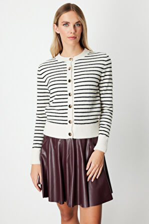 On Kadın Sıfır Yaka Çizgili Hırka 63901 Taş