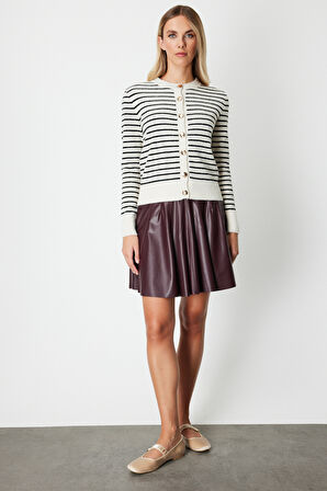 On Kadın Sıfır Yaka Çizgili Hırka 63901 Taş