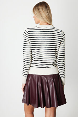 On Kadın Sıfır Yaka Çizgili Hırka 63901 Taş