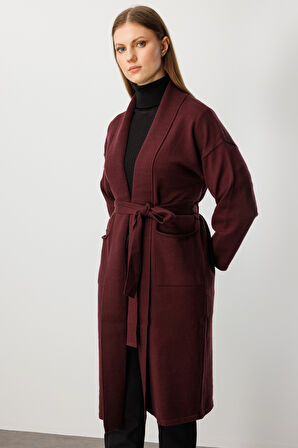 On Kadın Büyük Beden Beli Kuşaklı Şal Yaka Hırka 60900 Bordo
