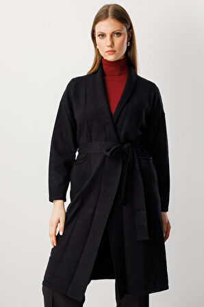 On Kadın Büyük Beden Beli Kuşaklı Şal Yaka Hırka 60900 Siyah