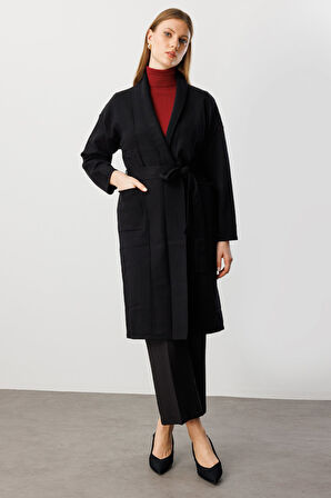 On Kadın Büyük Beden Beli Kuşaklı Şal Yaka Hırka 60900 Siyah