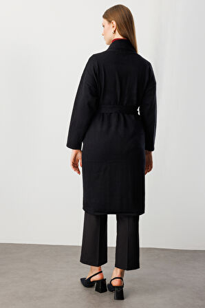 On Kadın Büyük Beden Beli Kuşaklı Şal Yaka Hırka 60900 Siyah