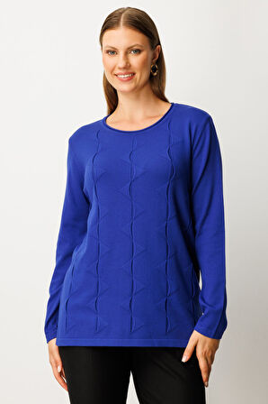 On Kadın Büyük Beden Kendinden Desenli Triko Kazak 65329 Saks