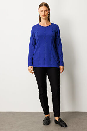 On Kadın Büyük Beden Kendinden Desenli Triko Kazak 65329 Saks