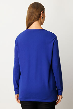 On Kadın Büyük Beden Kendinden Desenli Triko Kazak 65329 Saks