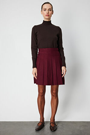 On Kadın Pileli Mini Triko Etek 69202 Bordo