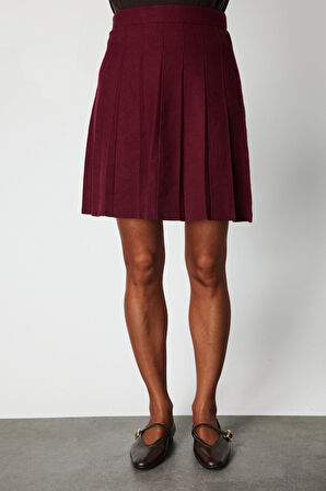 On Kadın Pileli Mini Triko Etek 69202 Bordo