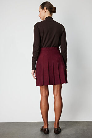 On Kadın Pileli Mini Triko Etek 69202 Bordo