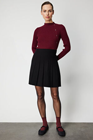 On Kadın Pileli Mini Triko Etek 69202 Siyah