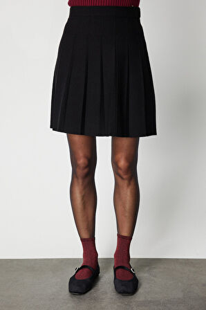 On Kadın Pileli Mini Triko Etek 69202 Siyah