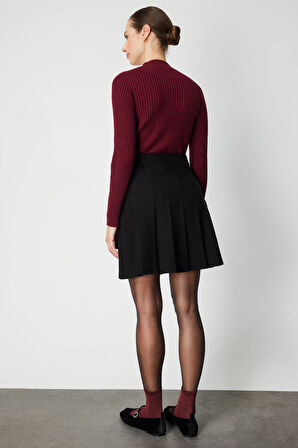 On Kadın Pileli Mini Triko Etek 69202 Siyah