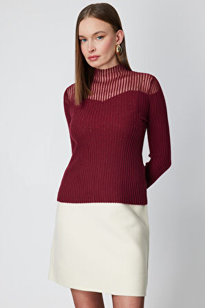 On Kadın Yakası Transparan Taşlı Triko Kazak 60340 Kırmızı