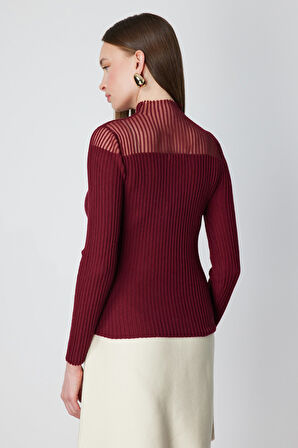 On Kadın Yakası Transparan Taşlı Triko Kazak 60340 Kırmızı