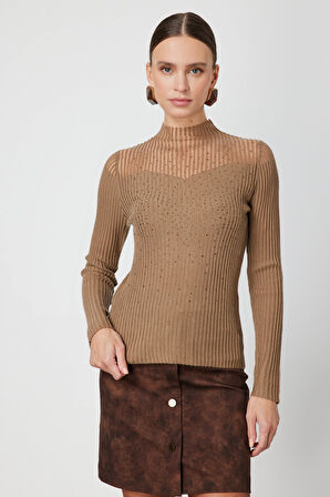 On Kadın Yakası Transparan Taşlı Triko Kazak 60340 Camel