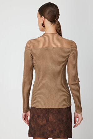 On Kadın Yakası Transparan Taşlı Triko Kazak 60340 Camel