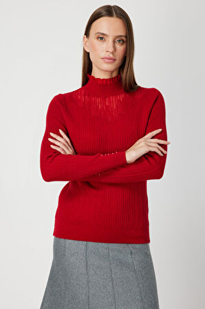 On Kadın Tül Detaylı Fitilli Triko Kazak 60341 Kırmızı