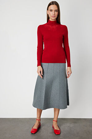 On Kadın Tül Detaylı Fitilli Triko Kazak 60341 Kırmızı