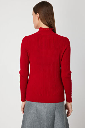 On Kadın Tül Detaylı Fitilli Triko Kazak 60341 Kırmızı