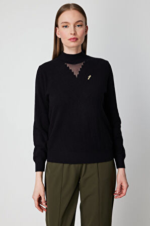 On Kadın Yakası Tül Detaylı Pamuklu Triko Kazak 60342 Siyah