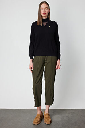 On Kadın Yakası Tül Detaylı Pamuklu Triko Kazak 60342 Siyah