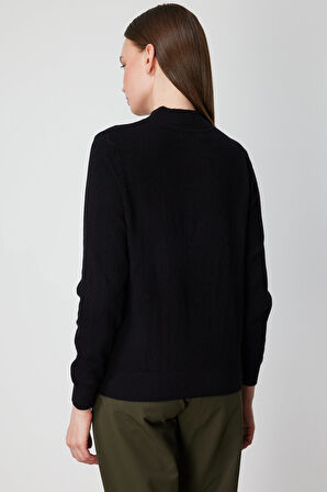 On Kadın Yakası Tül Detaylı Pamuklu Triko Kazak 60342 Siyah