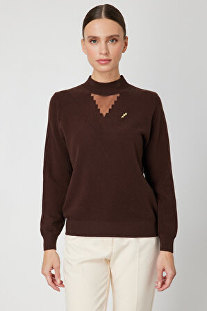 On Kadın Yakası Tül Detaylı Pamuklu Triko Kazak 60342 Kahverengi