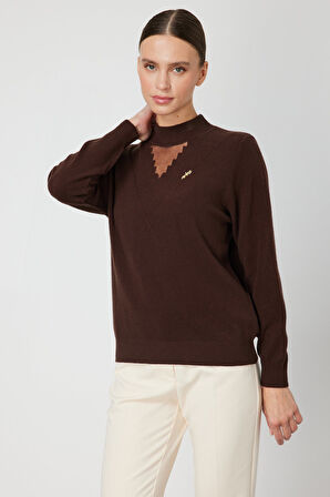 On Kadın Yakası Tül Detaylı Pamuklu Triko Kazak 60342 Kahverengi