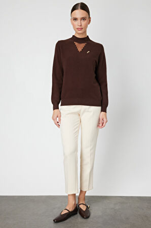 On Kadın Yakası Tül Detaylı Pamuklu Triko Kazak 60342 Kahverengi