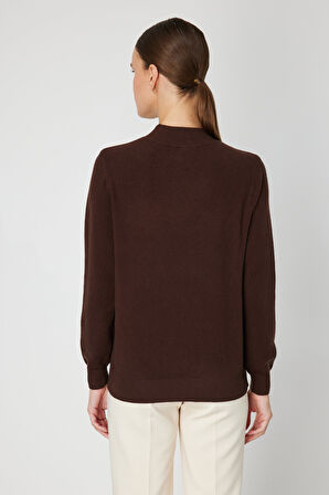 On Kadın Yakası Tül Detaylı Pamuklu Triko Kazak 60342 Kahverengi