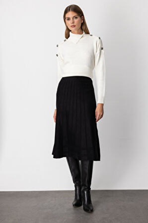 On Kadın Pileli Midi Boy Triko Etek 60201 Siyah