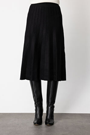 On Kadın Pileli Midi Boy Triko Etek 60201 Siyah