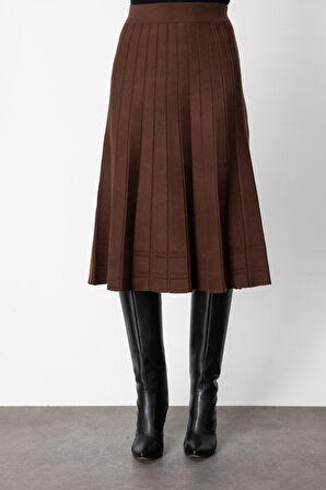 On Kadın Pileli Midi Boy Triko Etek 60201 Kahverengi