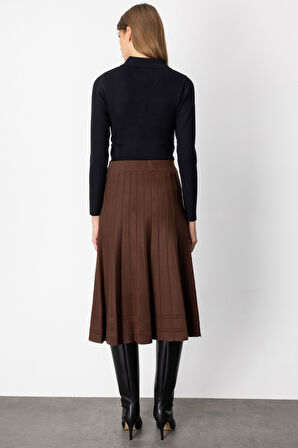 On Kadın Pileli Midi Boy Triko Etek 60201 Kahverengi