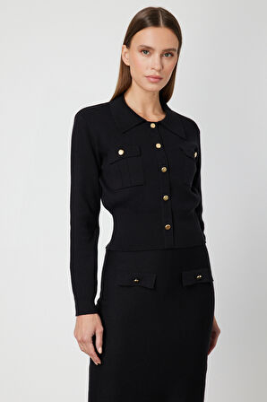 On Kadın Süs Düğmeli Kapak Cepli Triko Kazak 69507 Siyah