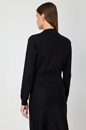 On Kadın Süs Düğmeli Kapak Cepli Triko Kazak 69507 Siyah