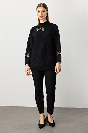 On Kadın Büyük Beden Taşlı Transparan Detaylı Triko Kazak 60306 Siyah