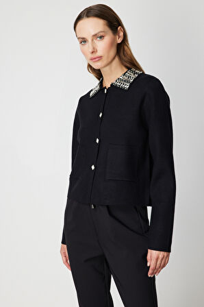 On Kadın Yakası Taşlı Torba Cepli Hırka 60907 Siyah