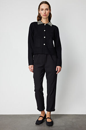 On Kadın Yakası Taşlı Torba Cepli Hırka 60907 Siyah