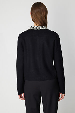 On Kadın Yakası Taşlı Torba Cepli Hırka 60907 Siyah