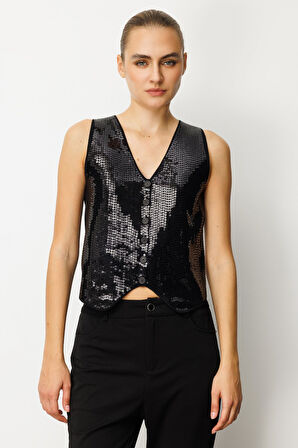 On Kadın Önü Pullu Triko Kumaş Yelek  60918 Siyah